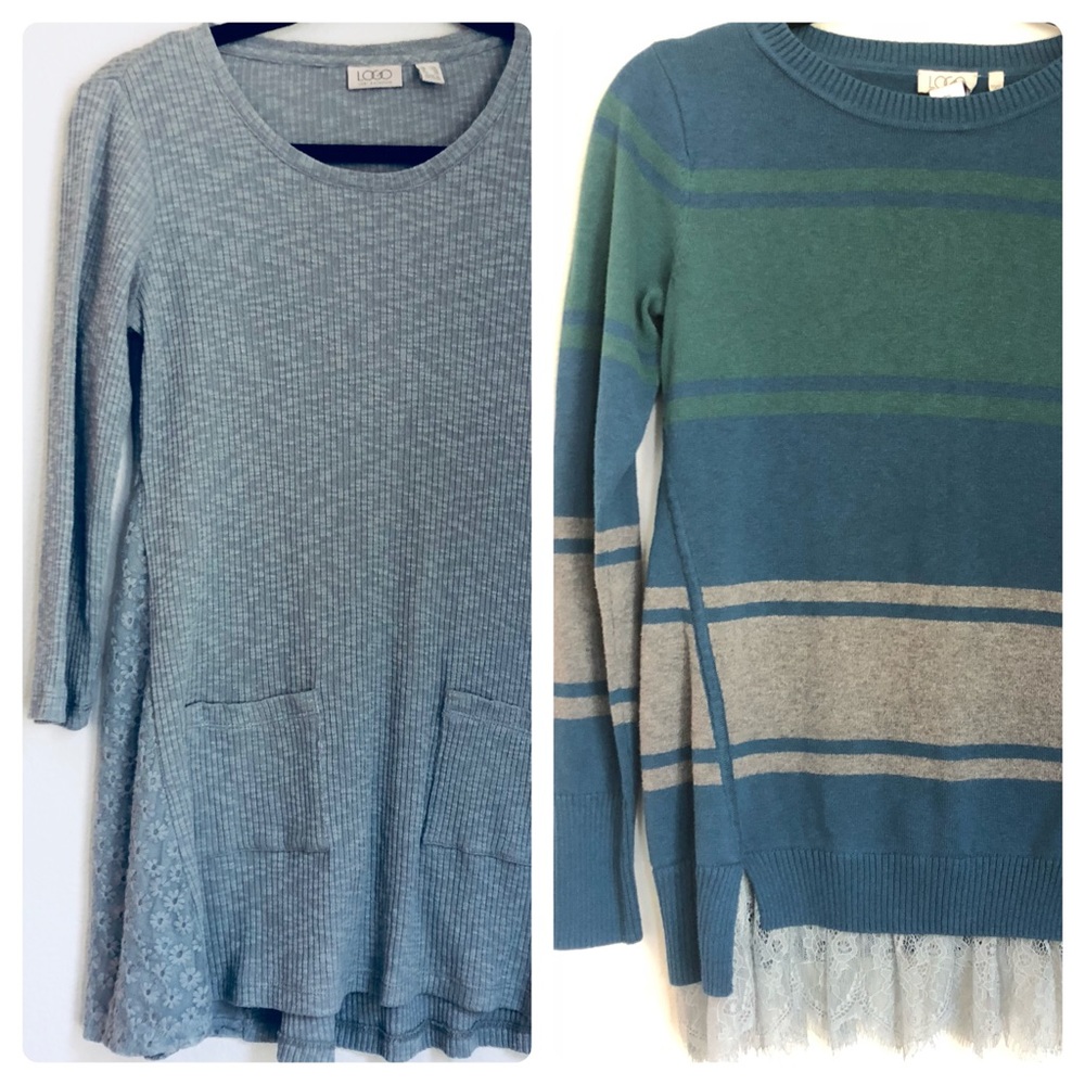 2 Tops! LOGO Lori Goldstein Tunic Lace Trim Stripe